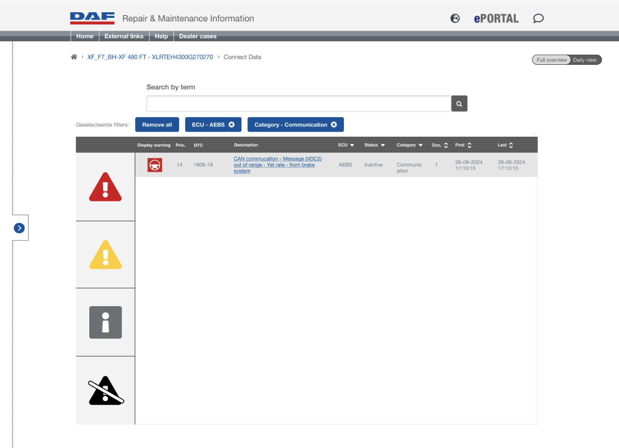 De filterfunctie. Monteurs kunnen de filters afzonderlijk deselecteren.